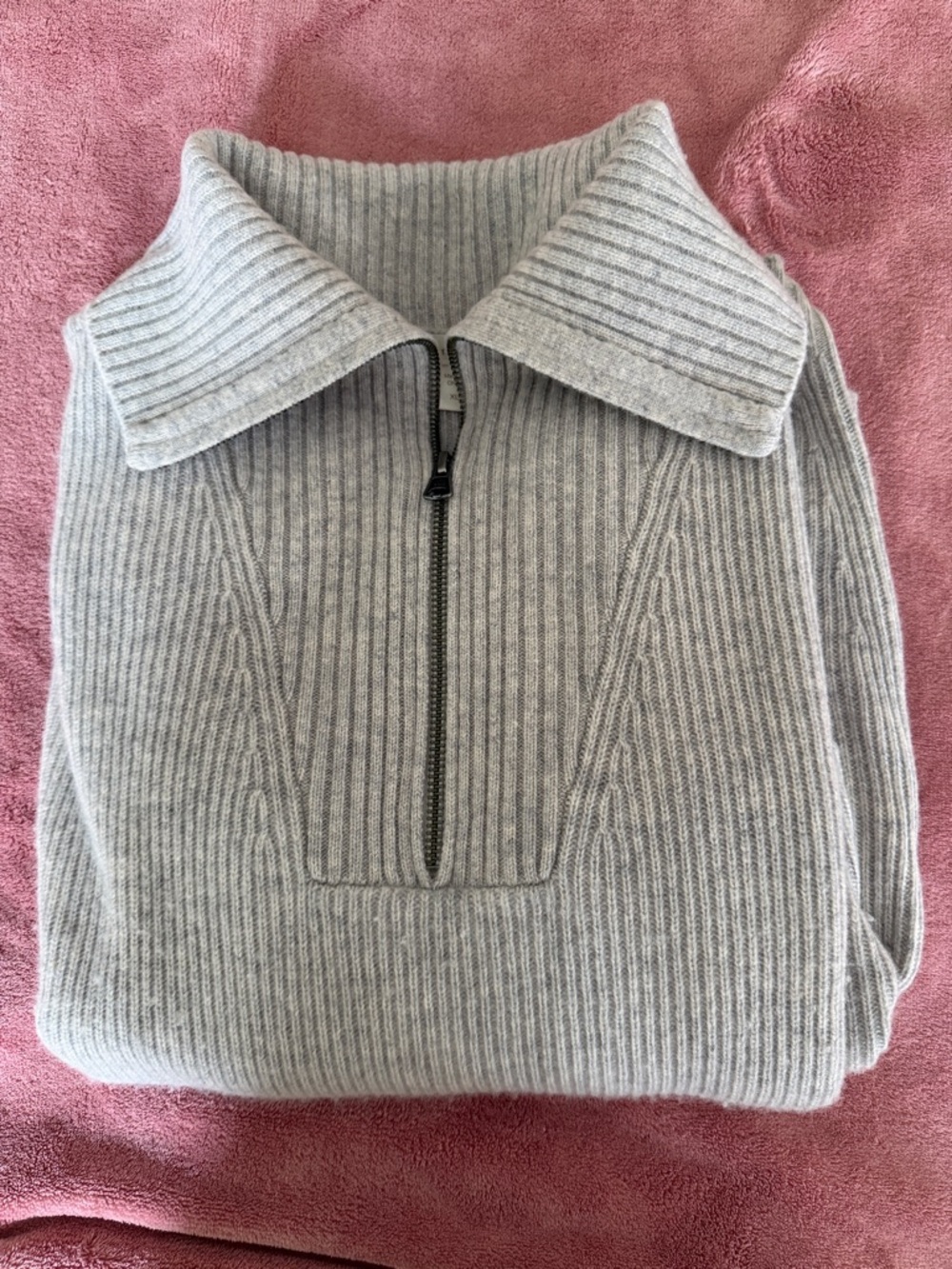 Garnet Hill Cashmere Light Gray Ribbed Half-Zip Pullover